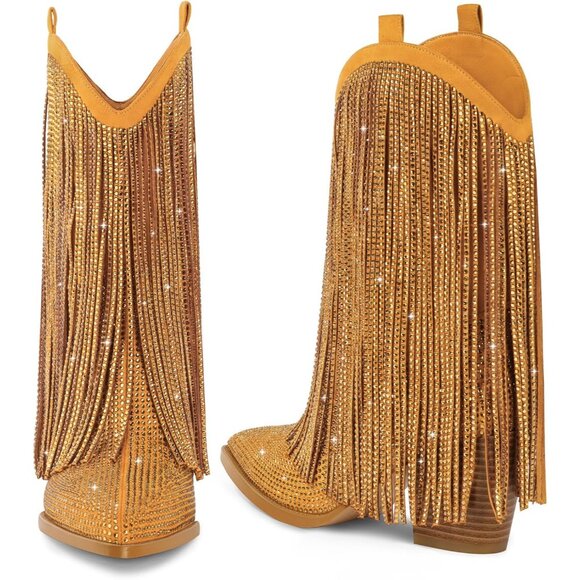 Women's Yellow Rhinestone Sparkly Fringe Chunky Heel Pointed Toe Ankle Boots - Picture 7 of 7